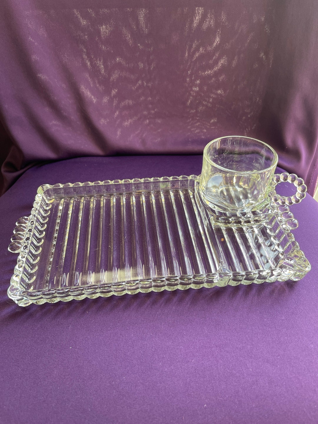 Vintage Clear Glass Snack Set, Tray and Mug, Repurpose as Bathroom Vanity not Perfect, Read Item