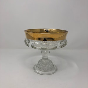 Vintage large Kings Crown thumbprint glass compote with gold flashing (flashing worn, not perfect)