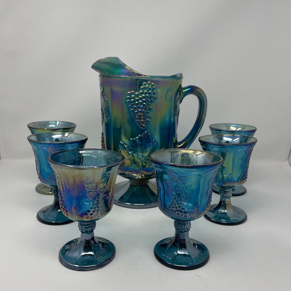 Carnival Glass Pitcher and Glasses Etsy
