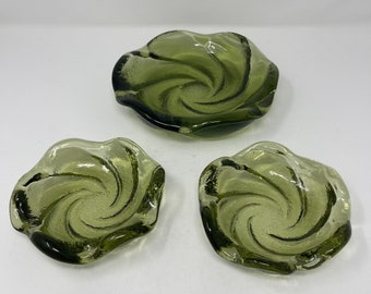 Vintage green glass ashtrays, set of 3