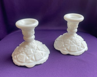 Pair of vintage white milk glass candlestick holders