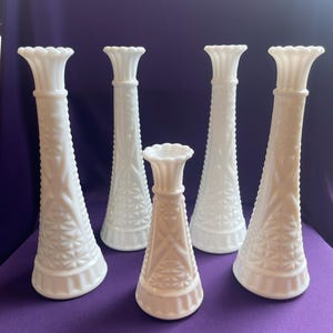 Set of five vintage white milk glass bud vases