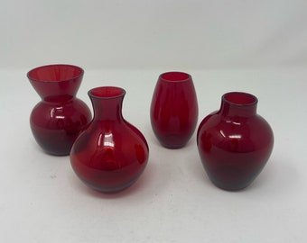 Vintage ruby red glass small / mini vases - set of 4