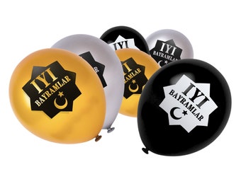 Gold, Silver & Black İyi Bayramlar Turkish Star Balloons (15 Pack)