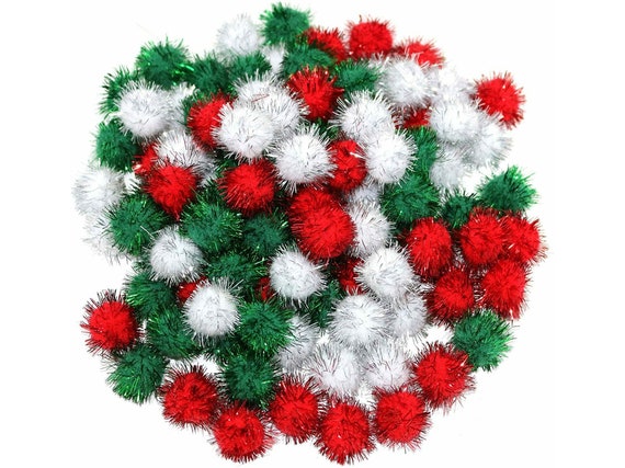 300 X Red, Green, White Christmas Tinsel Arts & Crafts Pom Poms