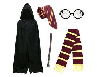 Adult School Boy Wizard Fancy Dress Costume (Cape, Tie, Scarf, Glasses, Wand) - World Book Day