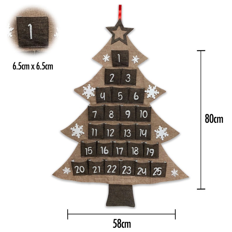 Large Felt Christmas Advent Calendar with Pockets Hanging Decoration Choose Design Hessian Tree