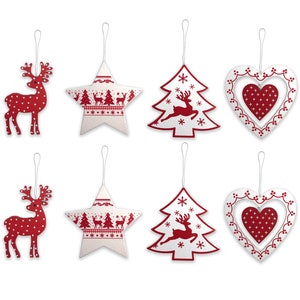 8 x Red & White Wooden Christmas Tree Hanging Bauble Nordic Pendants Decorations