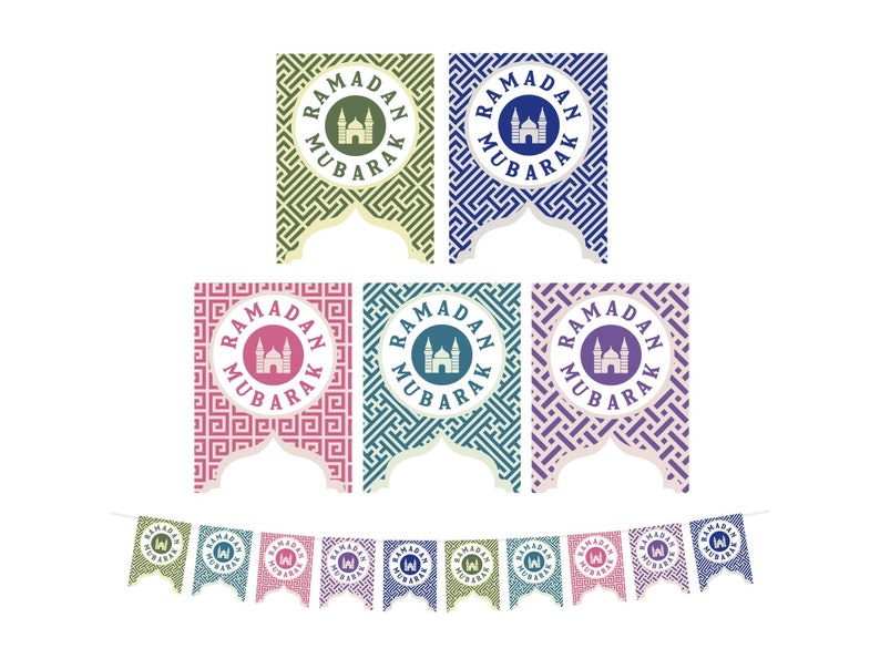 Multicolour Geometric Pattern Ramadan Mubarak Mosque Cutout Card Bunting 2 meters