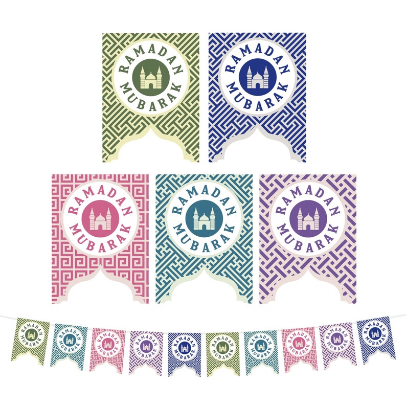 Multicolour Geometric Pattern Ramadan Mubarak Mosque Cutout Card Bunting 2 meters
