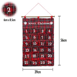 Large Felt Christmas Advent Calendar with Pockets Hanging Decoration Choose Design Red Tartan