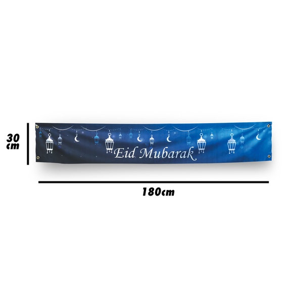 Blue Lantern Eid Mubarak Hanging Ripstop Banner w/Hanging String - 180cm x  30cm