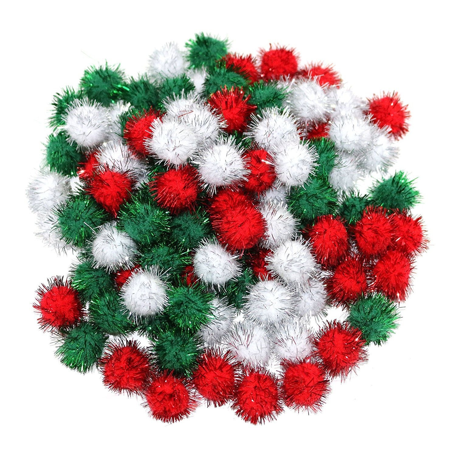 Shappy 100 Pieces Christmas Pom Poms Glitter Pom Decor for Arts Crafts DIY, Green, White and Red (25 mm)