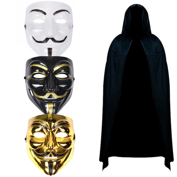 Adult Vendetta Hacker Guy Fawkes Anonymous Mask & Hooded Cape in White, Black or Gold