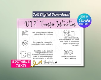 DTF Transfer Instructions – Editable Canva Template, Shirt Care Card, Instant Download