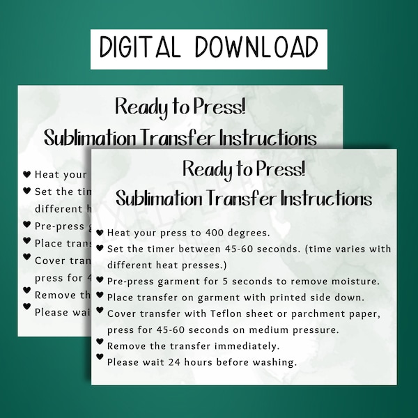 Sublimation Instructions | Direct To Transfer | Digital Download | DTF Instructions | Shirt Care Download | Instant Download | Digital Files