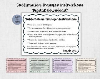 Sublimation Transfer Instructions Card - Shirts Apparel - 5 Colors - 5x7 Digital Download - Business Insert