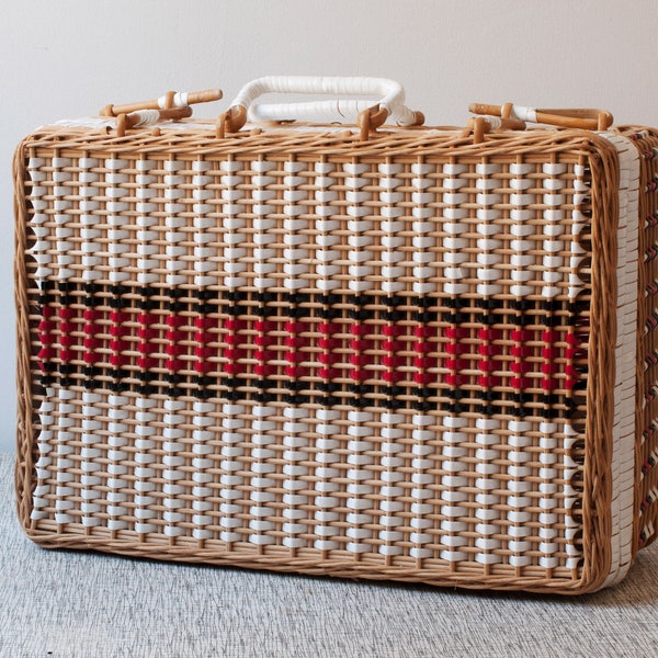 Vintage Wicker Picnic Basket Red White and Black Woven Suitcase