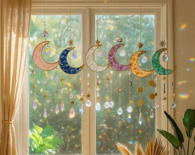 Crystal Moon Suncatcher Hanging,Sun Light Catcher Crescent Moon,Birthday Housewarming Gift,Boho Home Decor,Amethyst Suncatcher,Rainbow Maker