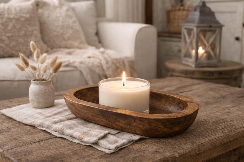 Handcrafted Wooden Bowl, Farmhouse Decor Tray, Jewelry Catchall Dish, Rustic Wood Candle Holder, Bathroom Kitchen, Living Room Accent Fruit bowl