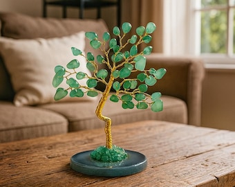Green Aventurine Crystal Tree With Agate Rock, Feng Shui Tree of Life in Gift Box, Gold Wire Bonsai Money Tree Decor, Housewarming Gift