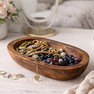 Handcrafted Wooden Bowl, Farmhouse Decor Tray, Jewelry Catchall Dish, Rustic Wood Candle Holder, Bathroom Kitchen, Living Room Accent Fruit bowl