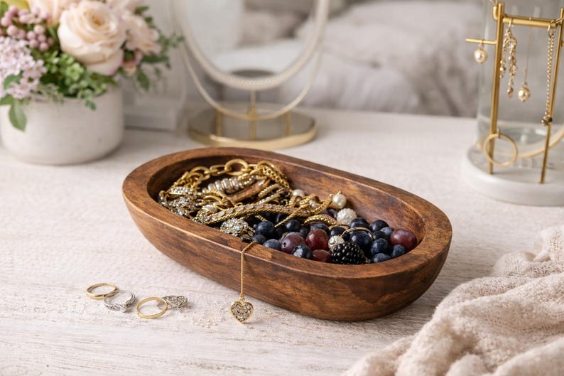 Handcrafted Wooden Bowl, Farmhouse Decor Tray, Jewelry Catchall Dish, Rustic Wood Candle Holder, Bathroom Kitchen, Living Room Accent Fruit bowl