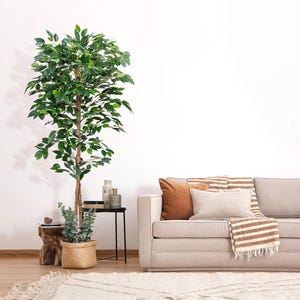 Artificial Ficus Fig Tree, Tall Indoor Fake Plant with Realistic Trunk, Leaves, Fruits and Planter, Faux Potted Tree for Home Decor Bedroom