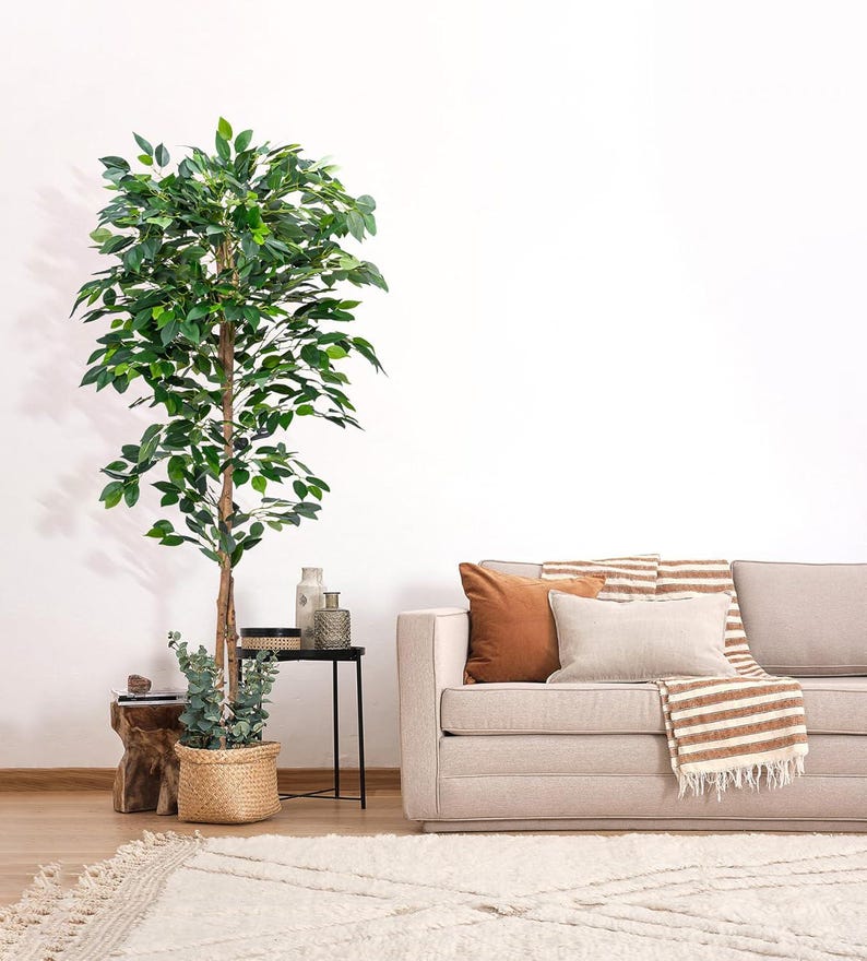 Artificial Ficus Fig Tree, Tall Indoor Fake Plant with Realistic Trunk, Leaves, Fruits and Planter, Faux Potted Tree for Home Decor Bedroom