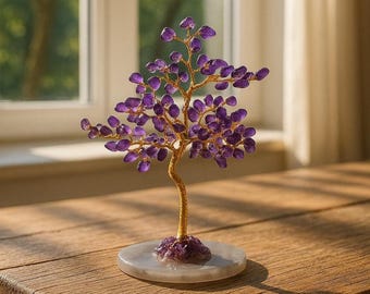 Real Amethyst Crystal Tree With Agate Rock, Feng Shui Gemstone Tree of Life in Gift Box,Gold Wire Money Tree Decor,Thanksgiving Hosting Gift