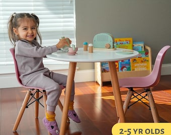 Kids Activity Table and Chairs for 2-5 Yr Old, Wood Toddler Table, Ergonomic Chairs for Preschool Children, White Round Kindergarten Table