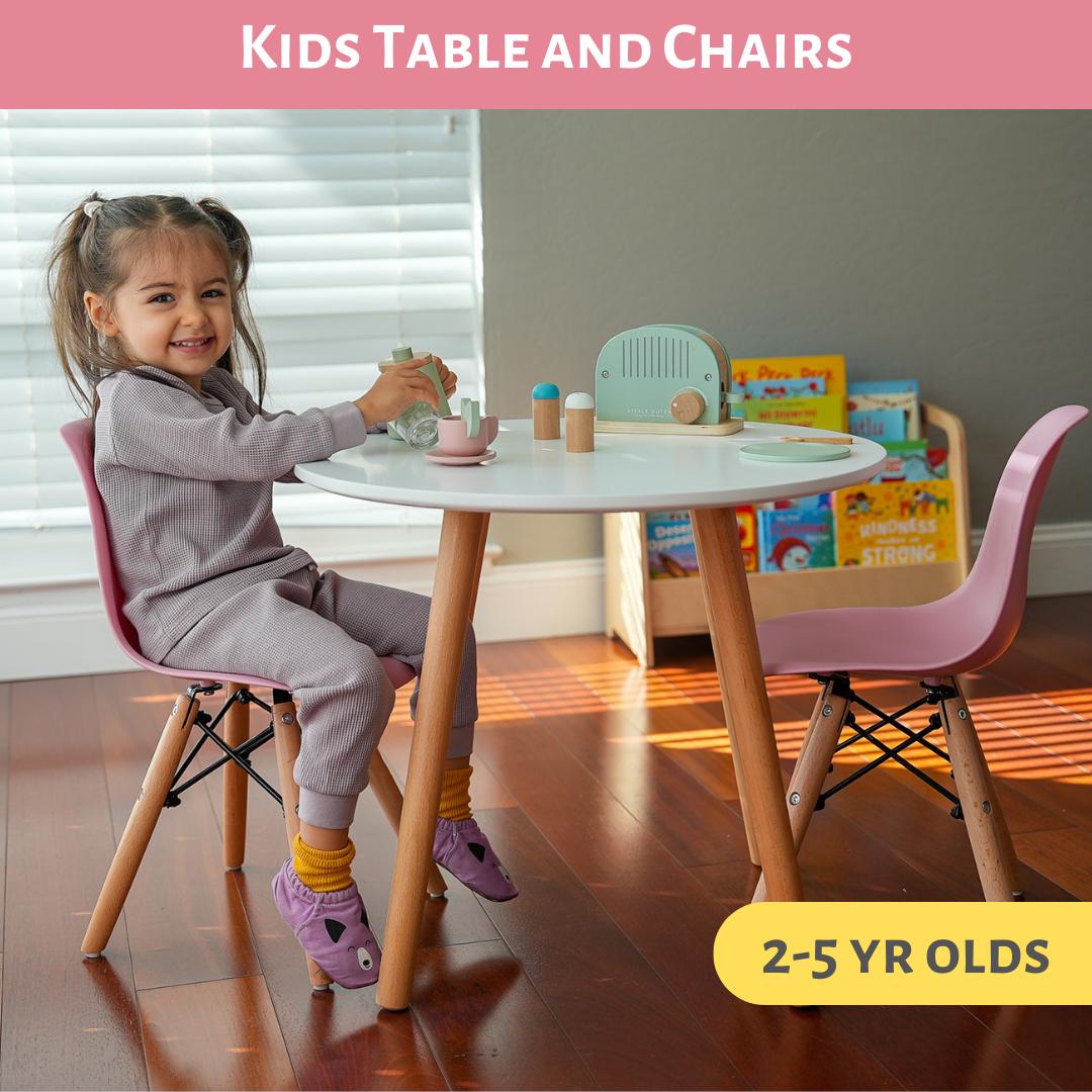 Kids Activity Table and Chairs for 2-5 Yr Old, Wood Toddler Table, Ergonomic Chairs for Preschool Children, White Round Kindergarten Table