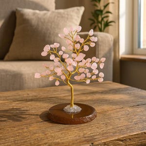 Op de afbeelding: Een decoratieve boomsculptuur met een goudkleurig draadframe en roze edelsteenbladeren. De boom is gemonteerd op een ronde, bruine houten basis. De sculptuur is een decoratief item.