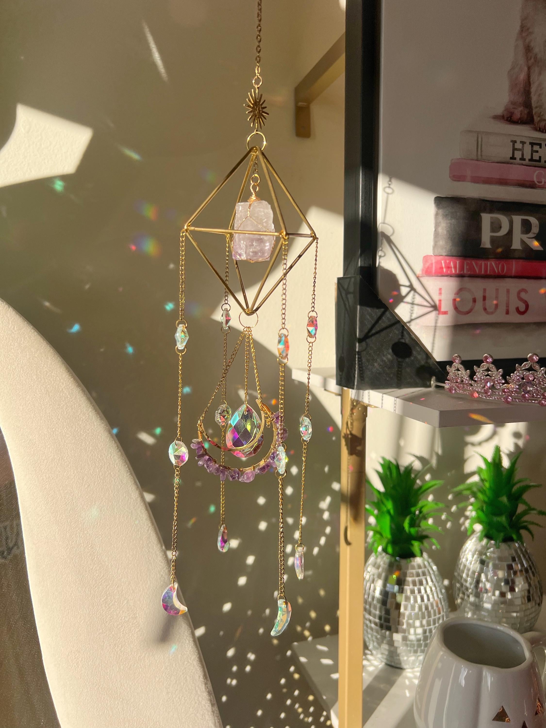 Crystal Suncatcher Hanging, Mother's Day Gift, Sun Catcher Holiday Gift Her, Boho Home Decor, Amethyst Suncatcher, Rainbow Maker Rose Quartz