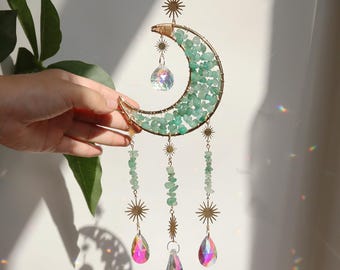 Green Moon Crystal Suncatcher Hanging, Housewarming Gift, Aventurine Sun Catcher Crescent Moon, Boho Home Decor Suncatcher, Rainbow Maker