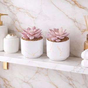May include: A white marble shelf displays bathroom accessories. Two potted succulents with pink flowers sit next to a soap dispenser, a small jar, and a reed diffuser. A stack of white towels and a brush complete the arrangement.