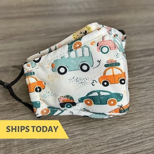 車用幼児用フェイスマスク (1～5歳) フィルター付き、就学前児童用フェイスマスク、調節可能な子供用マスク、洗える子供用マスク 3層、フィルターポケット