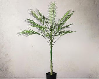 Palmera artificial, planta artificial alta de interior con tronco realista, hojas, frutos y macetero, árbol artificial en maceta para decoración del hogar y dormitorio.