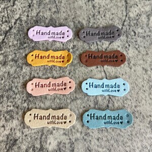50 Pcs Faux Leather Sewing Tags for Etsy Sellers, Handmade with Love Labels, Vegan Friendly Knitting Tags for Handcrafted Products, Supply