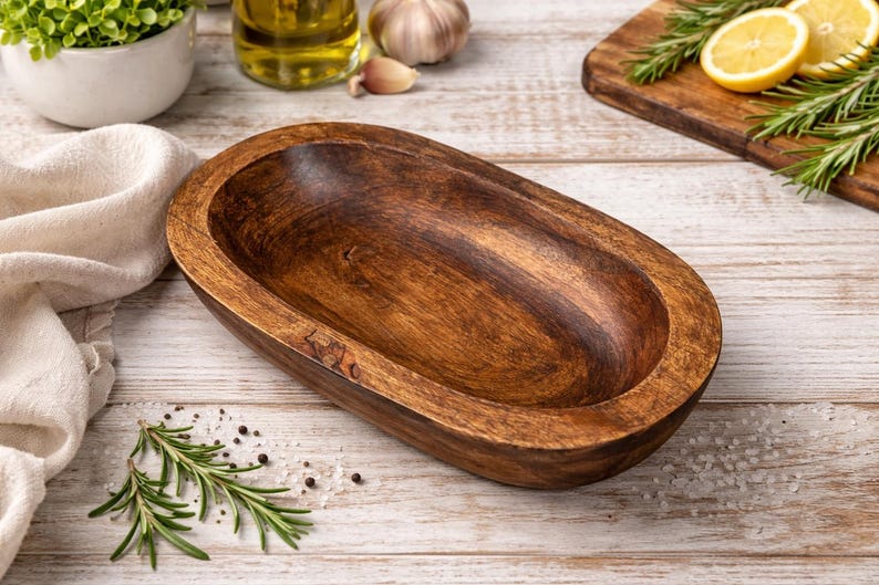 Handcrafted Wooden Dough Bowl, Farmhouse Decor Tray, Jewelry Catchall Dish, Rustic Wood Candle Holder, Bathroom Kitchen, Living Room Accent Fruit bowl
