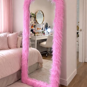 Custom Pink Full Body Mirror 63 x 24 Inch, Arched Standing Wall Mirror, Soft Faux Fur Fabric Frame Large Floor Mirror for Bedroom Decor
