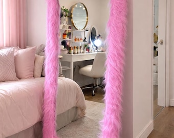 Custom Pink Full Body Mirror 63 x 24 Inch, Arched Standing Wall Mirror, Soft Faux Fur Fabric Frame Large Floor Mirror for Bedroom Decor