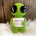 Handmade Positive Alien Crochet Doll, Cute Emotional Support Gift for Birthday, Divorce, Break up, Affirmation Message, Motivational Gift