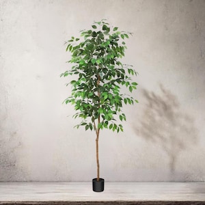Figuier ficus artificiel, grande fausse plante d'intérieur avec tronc, feuilles, fruits et jardinière réalistes, faux arbre en pot pour décoration de chambre à coucher
