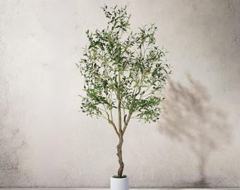 Künstlicher Olivenbaum, große künstliche Innenpflanze mit realistischem Stamm, Blättern, Früchten und Pflanzgefäß, Kunsttopfbaum für das Wohndekor-Schlafzimmer