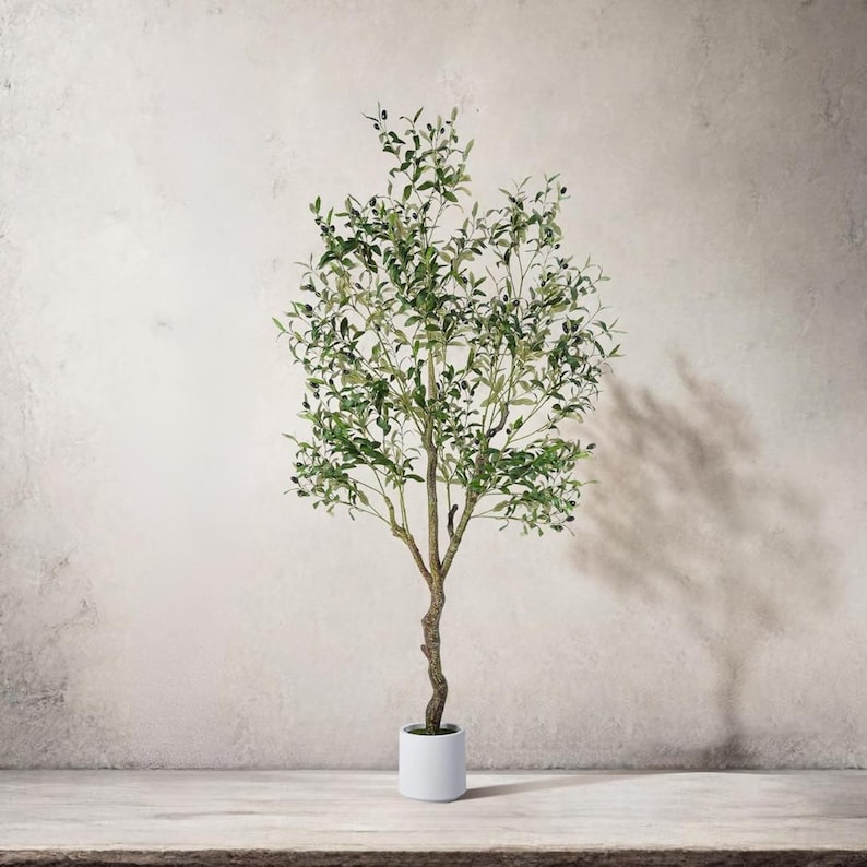 Artificial Olive Tree, Tall Indoor Fake Plant with Realistic Trunk, Leaves, Fruits and Planter, Faux Potted Tree for Home Decor Bedroom