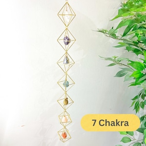 Seven Chakra Hanging Decor, Raw Crystal Stones, Mother&#39;s Day Boho Gift, Gold Suncatcher Ornament, 7 Chakra Rocks Amethyst Wall Home Decor