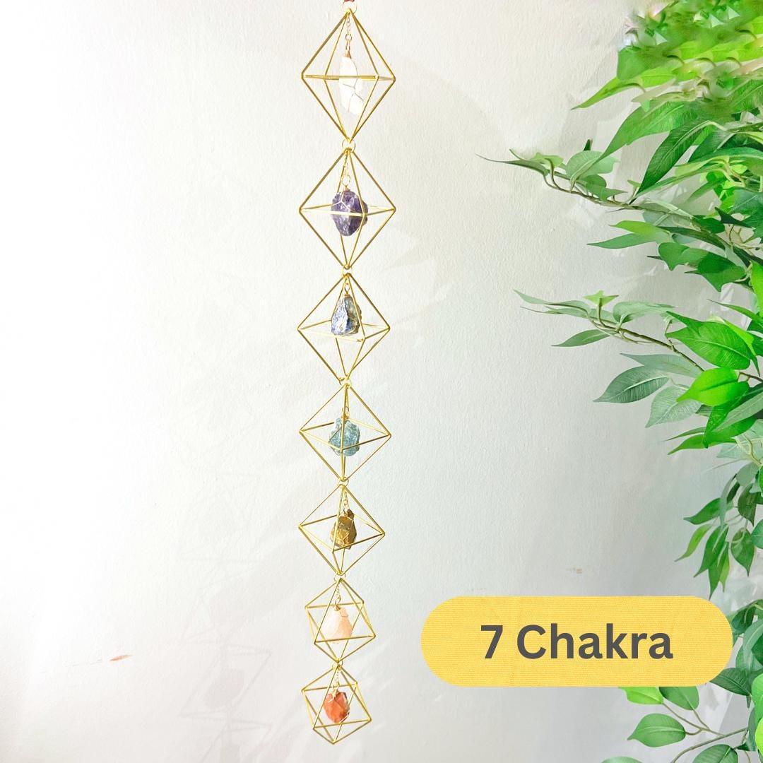 Seven Chakra Hanging Decor, Raw Crystal Stones, Mother's Day Boho Gift, Gold Suncatcher Ornament, 7 Chakra Rocks Amethyst Wall Home Decor
