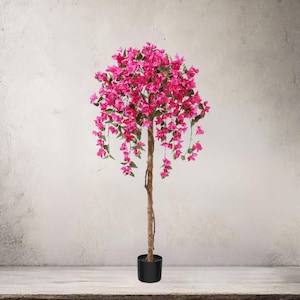May include: An artificial bougainvillea tree with vivid pink flowers and green foliage. The tree features a brown trunk and is planted in a black pot. This decorative tree is suitable for indoor use.