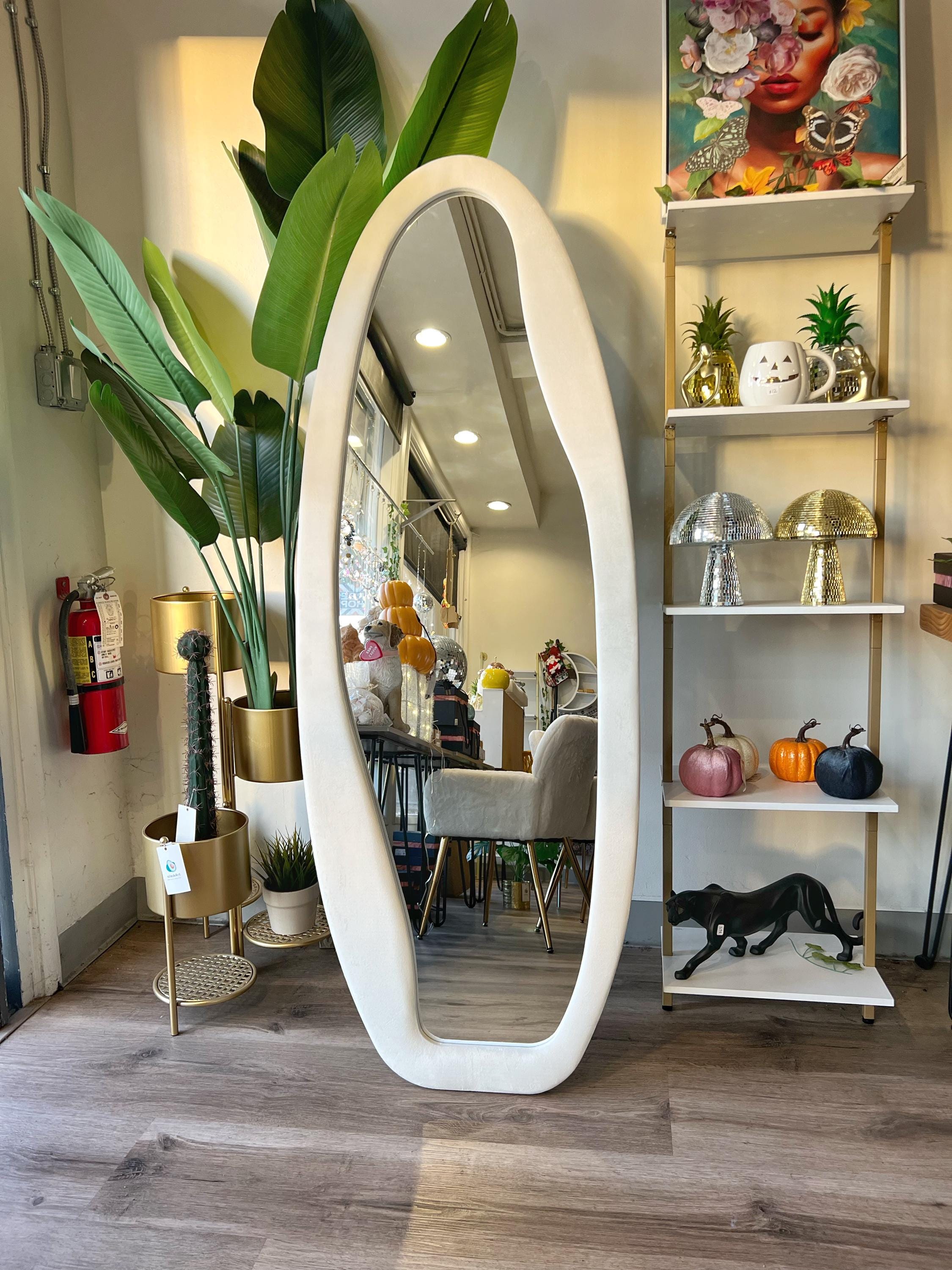Custom Made Full Body Mirror 63 x 24 Inch, Irregular Wavy Standing Wall Mirror, Soft White Velvet Frame Large Floor Mirror for Bedroom Decor